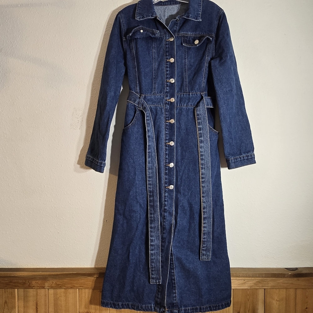 Shein Maxi LongSleeve Collar Belted Waist Flap Pockets Button Denim Dress 6/Med